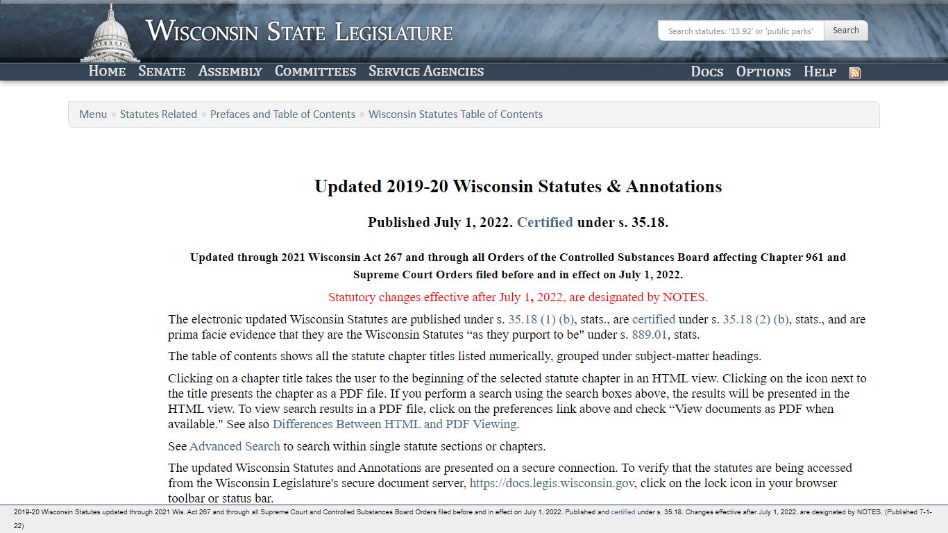 Wisconsin Statutes Table of Contents